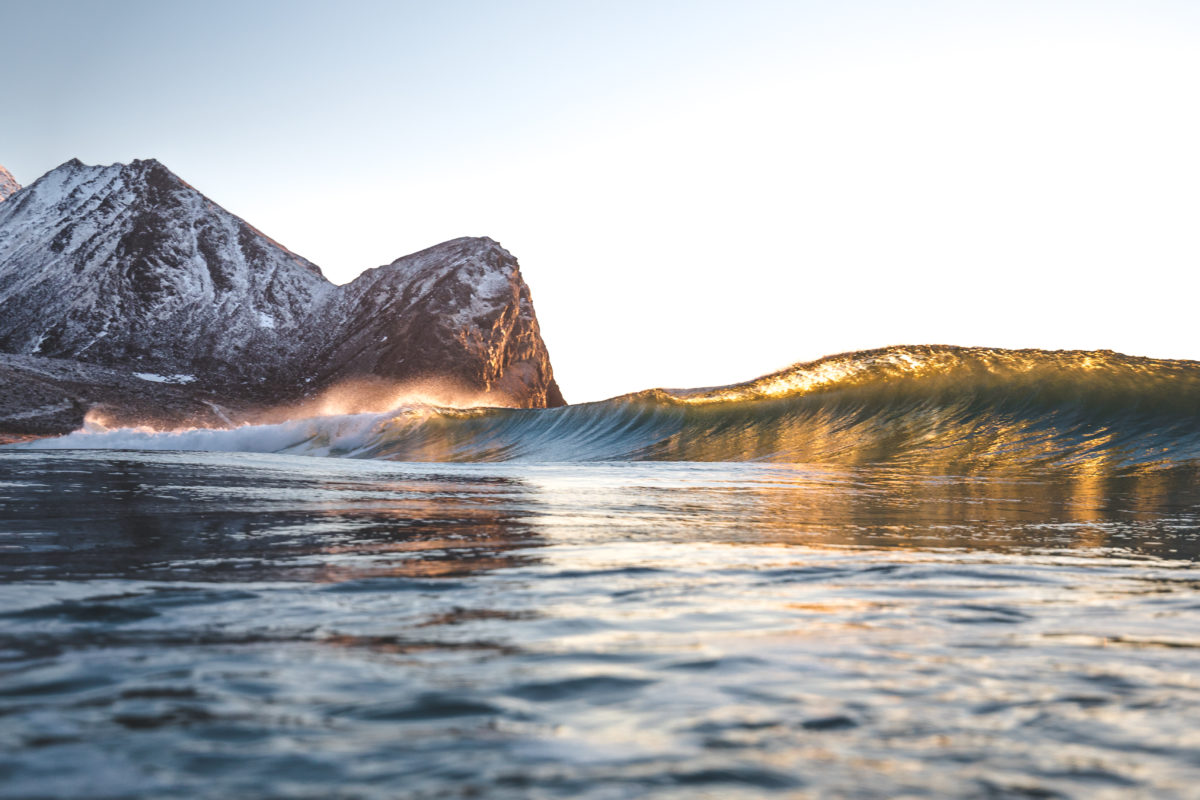 Wave at sunset at the Lofoten Island Norway