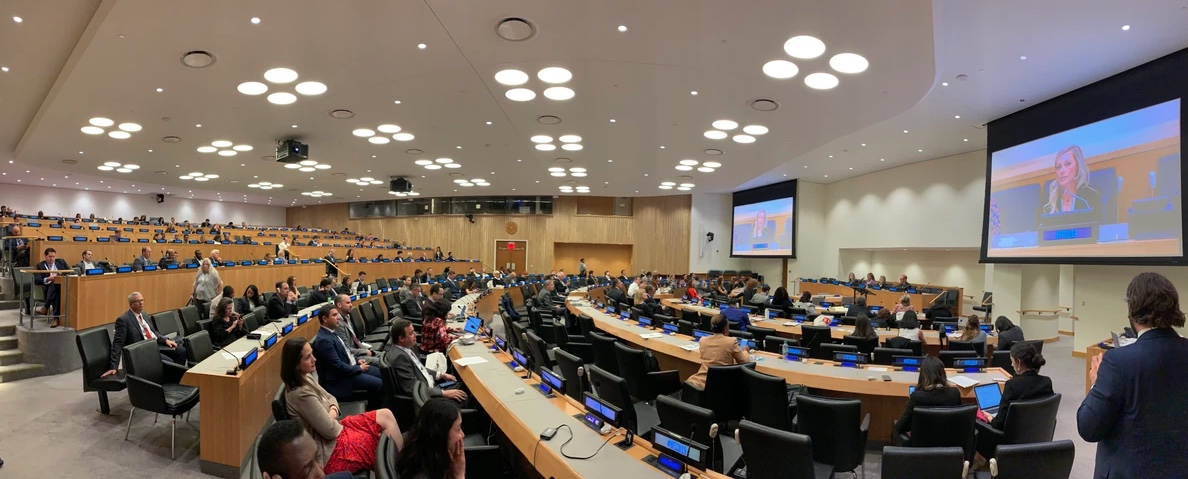 Susi Mai on screen at UN Headquarters